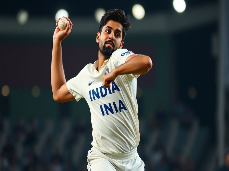 A dynamic action shot of Kartik Tyagi bowling during an IPL match, wearing the Delhi Capitals jersey, with a blurred stadium