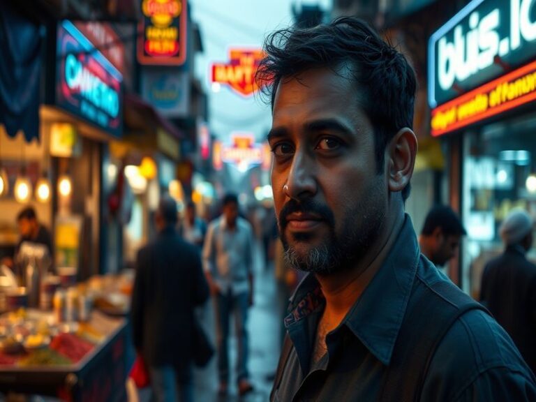 A vibrant, cinematic portrait of Aniket Verma in a creative workspace, surrounded by cultural artifacts, digital devices, and