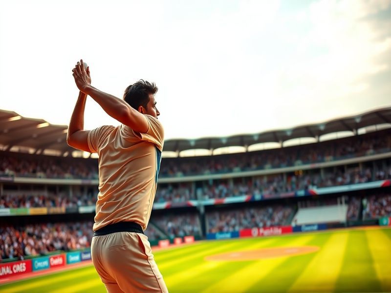 A dynamic action shot of Kartik Tyagi bowling in an IPL match, captured mid-delivery with intense focus, wearing Rajasthan Ro