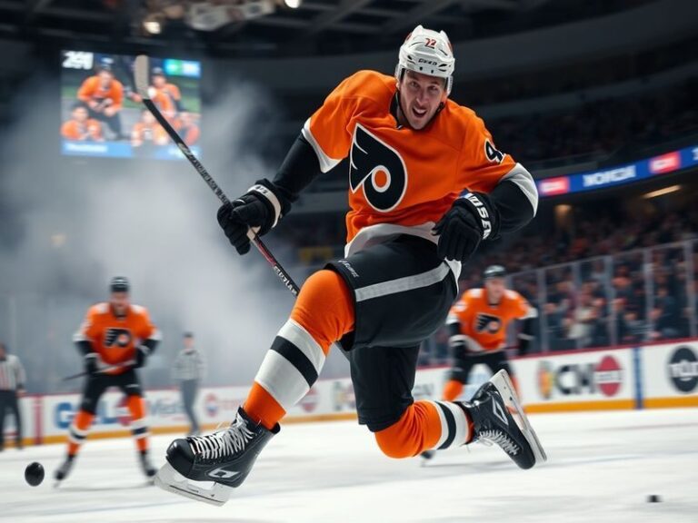 A dynamic action shot of Tyson Foerster in a Philadelphia Flyers jersey, mid-stride on the ice with a focused expression, hig
