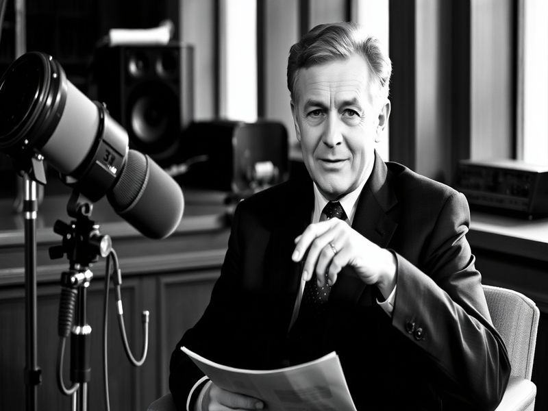 A black-and-white photograph of Michael Aspel in a suit, holding a microphone and smiling warmly during a live broadcast of '