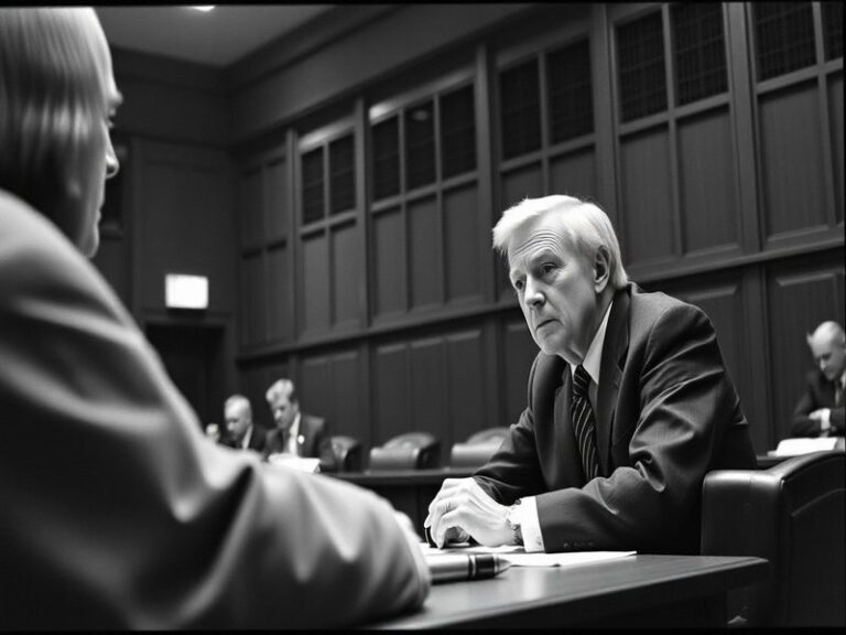 A warmly lit studio portrait of Michael Aspel in his prime, wearing a classic suit and tie, speaking into a vintage microphon