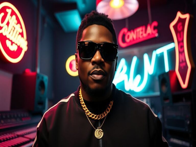 A dynamic portrait of Gucci Mane in a stylish, modern setting—wearing a designer outfit, flashy jewelry, and a confident pose