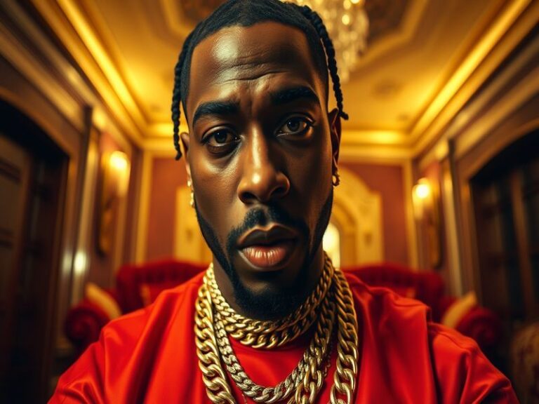 A candid portrait of Gucci Mane on stage, wearing a designer tracksuit and chains, bathed in vibrant concert lighting with a