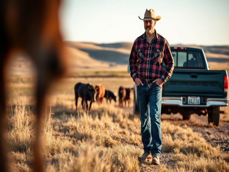 A professional portrait of Bryon Noem standing outdoors near a ranch, wearing a denim shirt and cowboy hat, with a South Dako