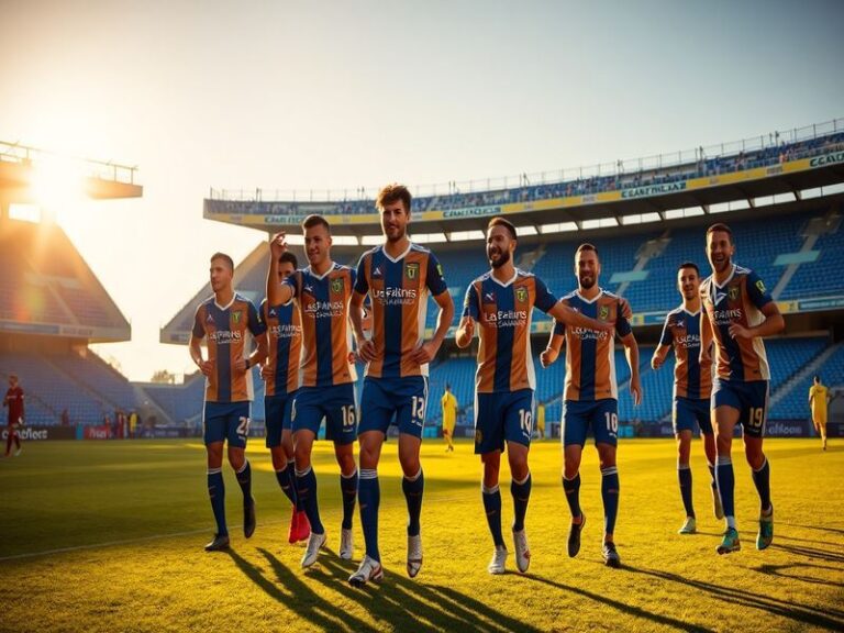 A vibrant shot of Estadio Gran Canaria during a match, showcasing the club's yellow and blue colors against the backdrop of t