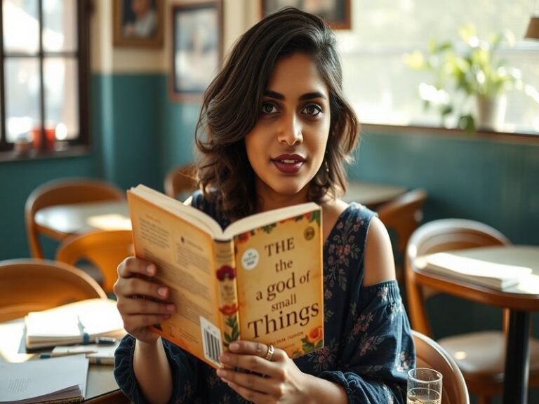 A candid photo of Supriya Ganesh sitting at a wooden desk, surrounded by books and writing materials, with soft natural light