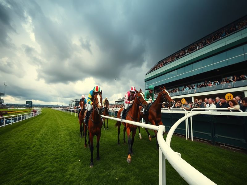 A vibrant scene of Aintree Racecourse on Grand National day, showing a packed grandstand, colorful jockeys in silks, and the