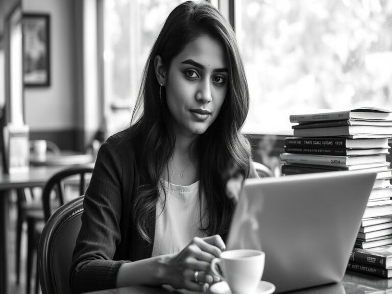 A professional portrait of Supriya Ganesh in a modern co-working space in Chennai, surrounded by dual monitors, a notebook, a