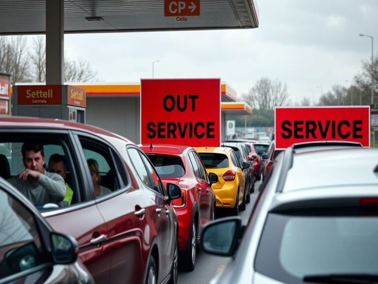 A busy petrol station with long queues of cars at multiple pumps, some with 'NO FUEL' signs prominently displayed. The scene
