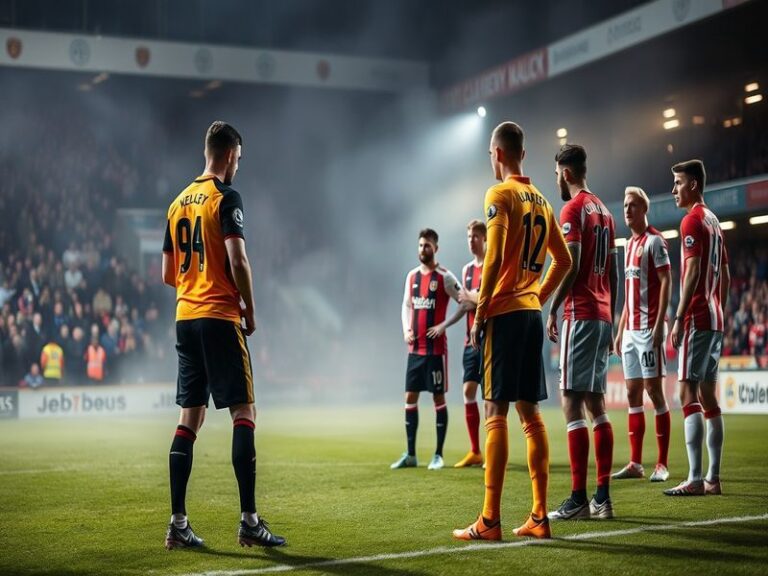 A wide-angle shot of the Abbey Stadium under floodlights, with the Cambridge United and Swindon Town players shaking hands in