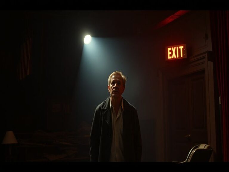 A split-screen image showing a chaotic social media feed on one side and a dramatic stage performance on the other, highlight