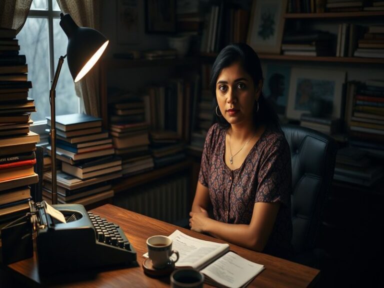 A vibrant studio portrait of Supriya Ganesh painting at an easel, surrounded by colorful art supplies and sketches. The setti