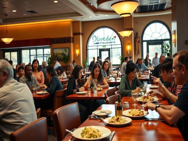 A bustling Olive Garden restaurant interior with warm lighting, wooden tables, and a busy dining room filled with families an
