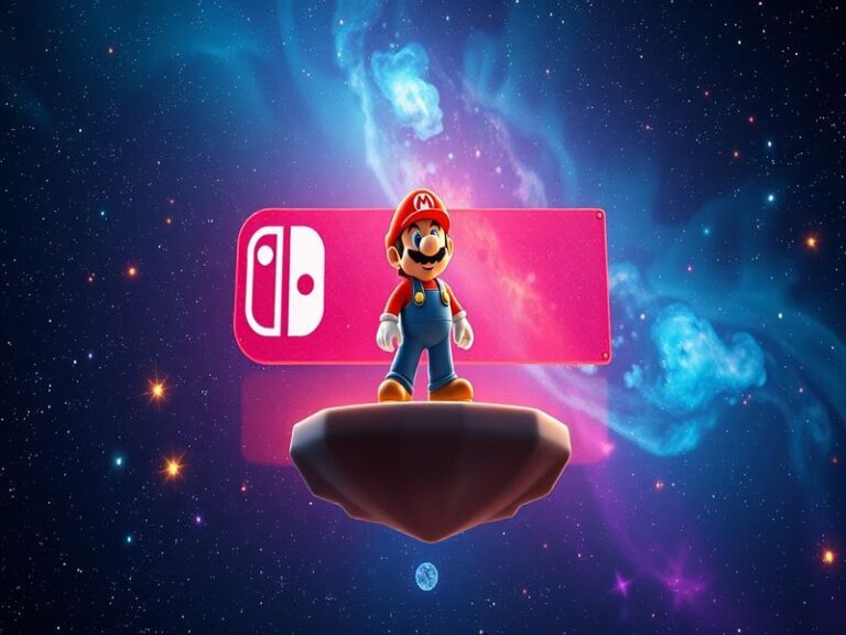 A vibrant scene of Mario floating in space, surrounded by colorful planets and starry galaxies, with the Nintendo Switch logo