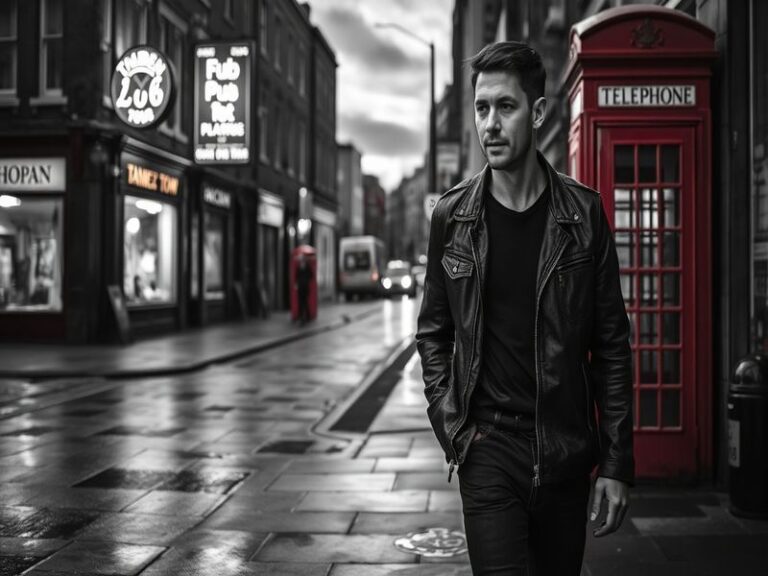A cinematic photo of Jamie Bell in his late 30s, wearing a casual yet stylish outfit, standing in a modern urban setting with