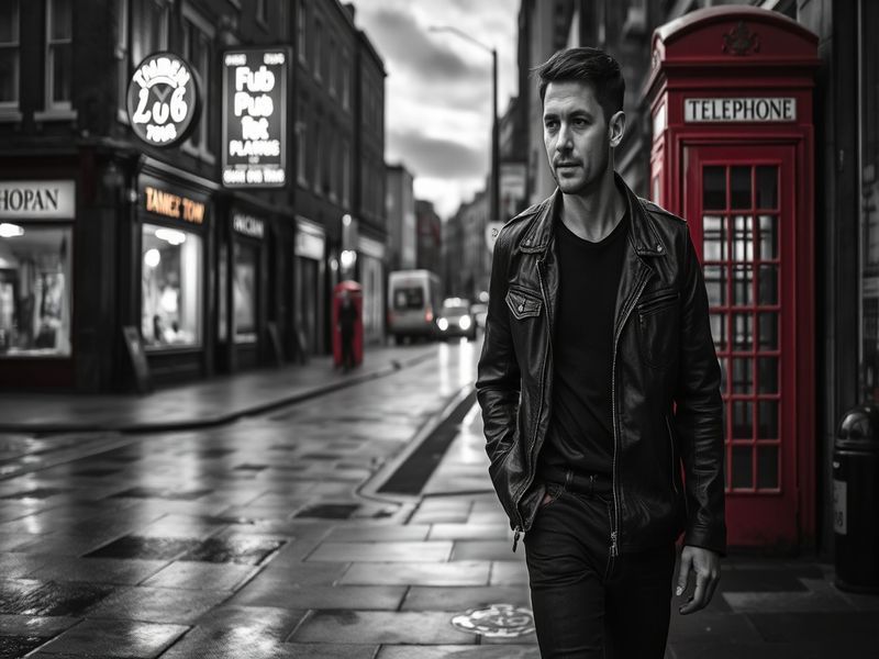 A cinematic photo of Jamie Bell in his late 30s, wearing a casual yet stylish outfit, standing in a modern urban setting with
