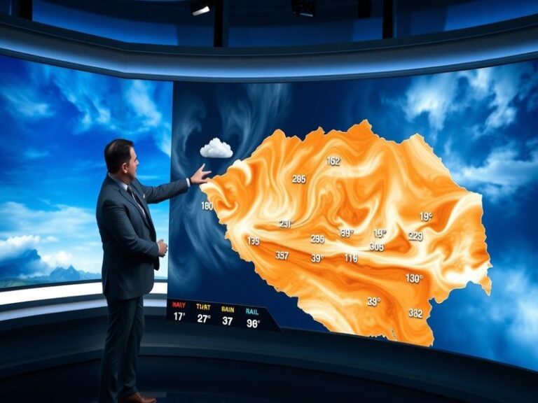 A split-screen image showing a futuristic weather control center on one side and a traditional barometer on the other, symbol