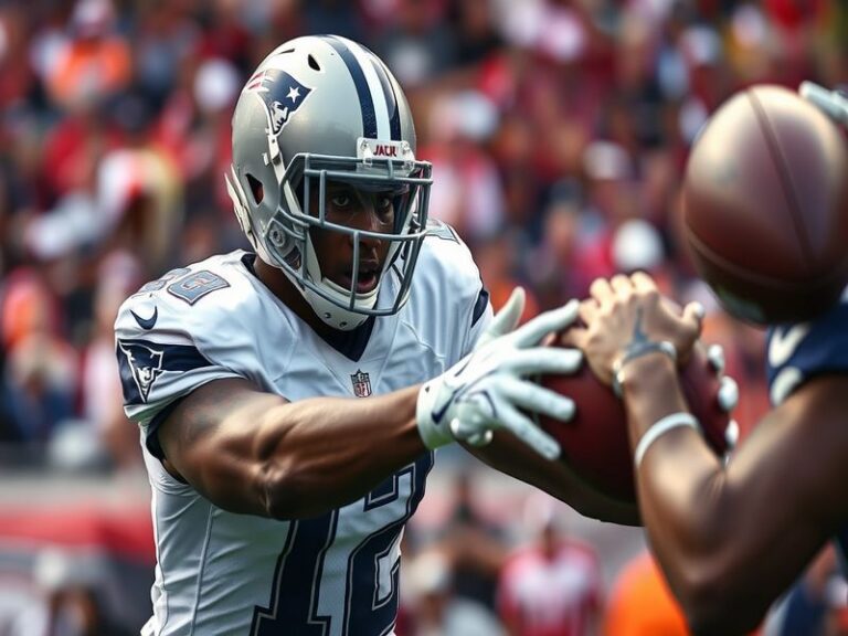 A dynamic action shot of Stephon Gilmore in a New England Patriots uniform, covering a receiver in a game setting, with a blu