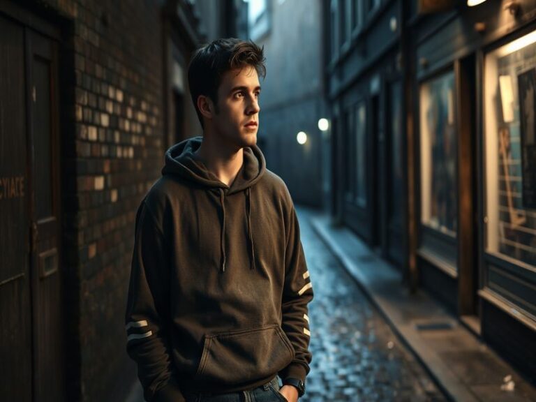 A split-screen image of Jamie Bell as a young boy in a ballet studio (left) and as an adult in a modern urban setting (right)