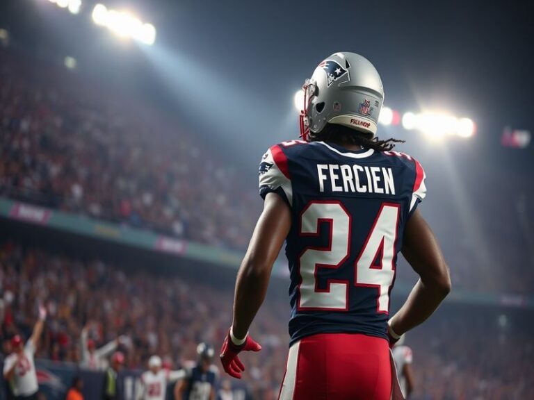 A dynamic action shot of Stephon Gilmore in a Patriots jersey, backpedaling with intense focus, shadowing a receiver in a pac