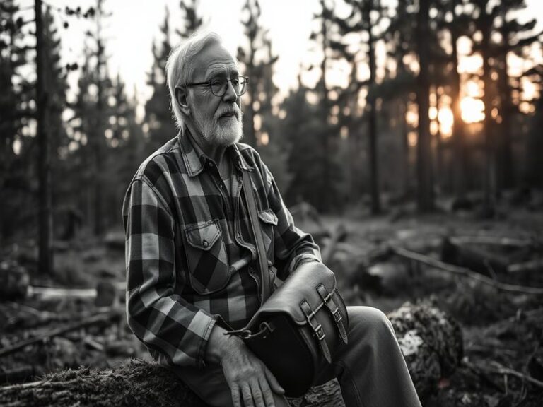 A serene forest scene at dawn, with mist rising between tall pine trees. In the foreground, an open book lies on a mossy log,