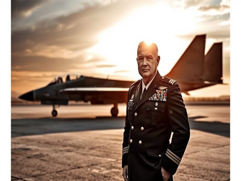 A professional portrait of Randy George in a business suit, standing outdoors in front of an American flag, with a city skyli
