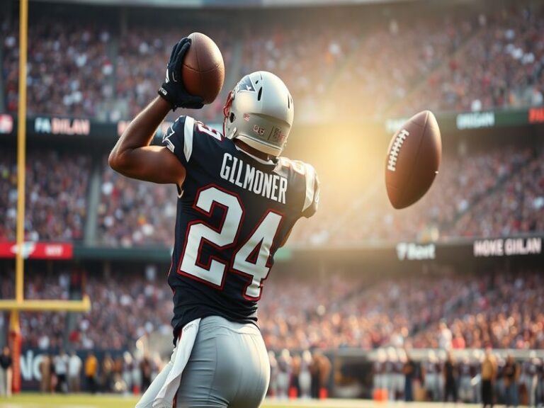 A dynamic action shot of Stephon Gilmore in a Patriots uniform, mid-coverage against a receiver, showcasing his physicality a