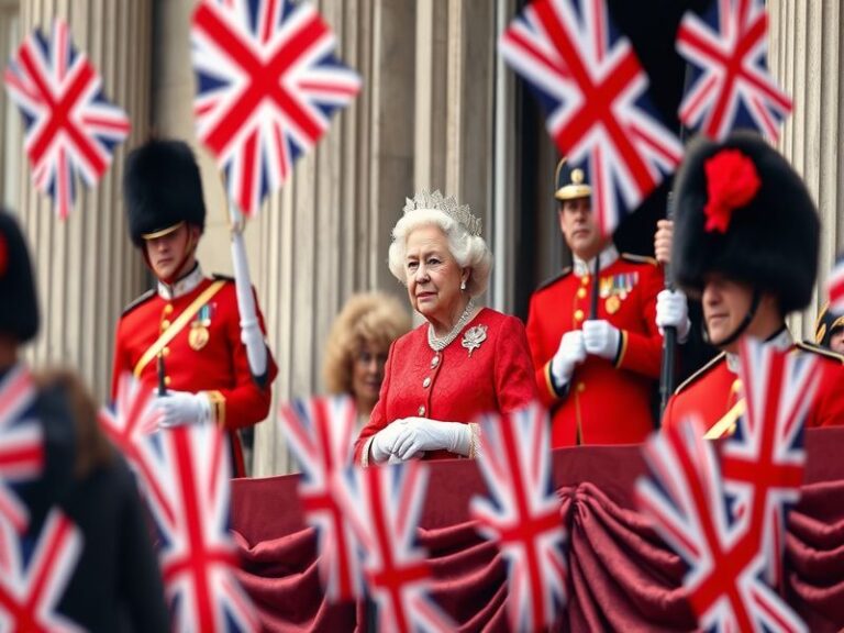 A split-image visual: on the left, a royal family waving from a palace balcony; on the right, a modern royal attending a char