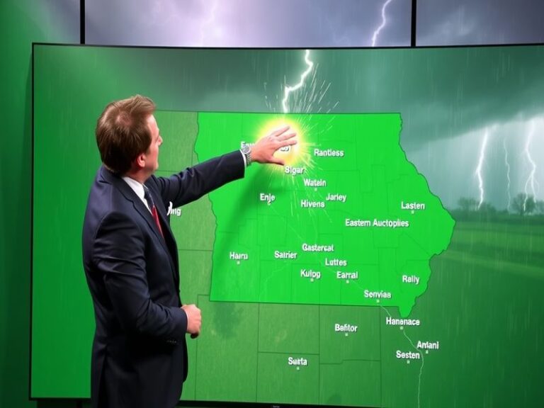 A meteorologist from KCRG-TV9 points to a live Doppler radar screen in the station’s weather center, with storm tracks and pr