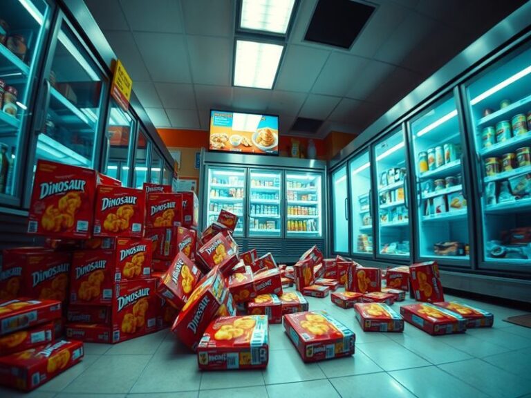 A close-up of a child’s lunchbox with dinosaur-shaped chicken nuggets spilling out, a worried parent checking packaging label