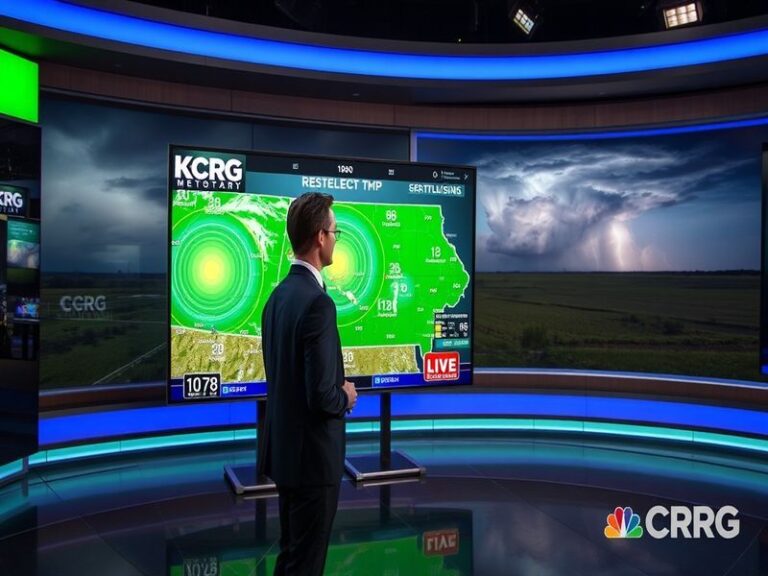 A professional weather studio with multiple high-definition screens showing Doppler radar, satellite imagery, and meteorologi