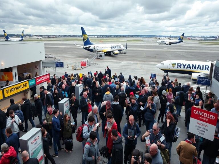 A busy Ryanair check-in desk at an airport with passengers looking stressed while airline staff assist them. The scene is set