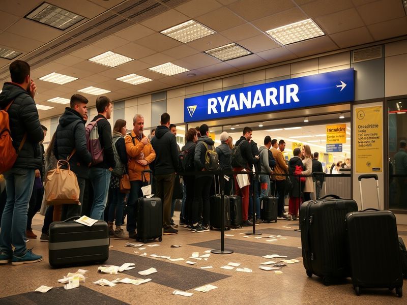 A crowded airport terminal with frustrated passengers checking departure boards. Ryanair planes visible on the tarmac, with o