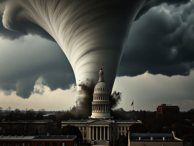 Aerial view of Iowa City after the tornado, showing damaged buildings, uprooted trees, and debris scattered across neighborho