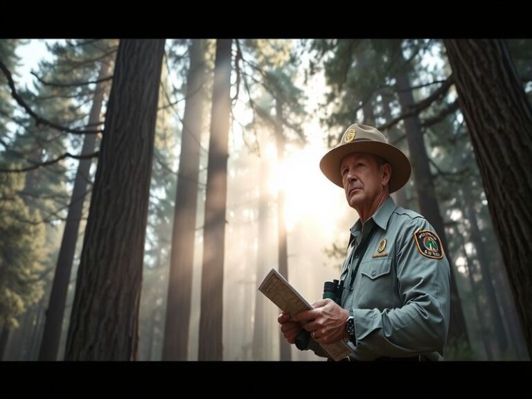 A panoramic view of a dense pine forest under a clear blue sky, with a ranger station and a group of hikers on a trail. The s
