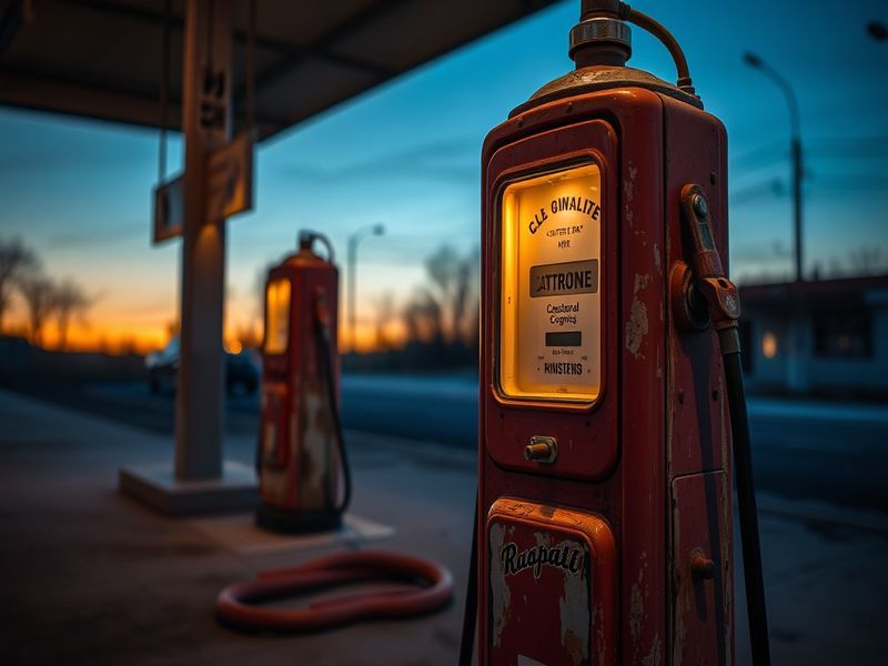 A split-image illustration showing a vintage gasoline pump on one side and a futuristic electric vehicle charging station on