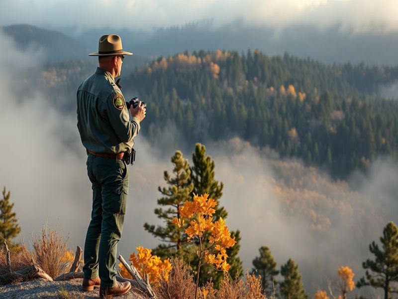 A panoramic view of a dense, green national forest with a winding dirt road, towering evergreen trees, and a ranger station i