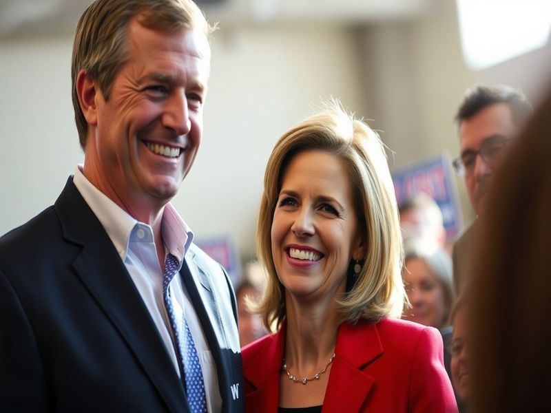 A composed portrait of Bryon Noem standing slightly behind Kristi Noem at a formal event, dressed in a dark suit, with a neut