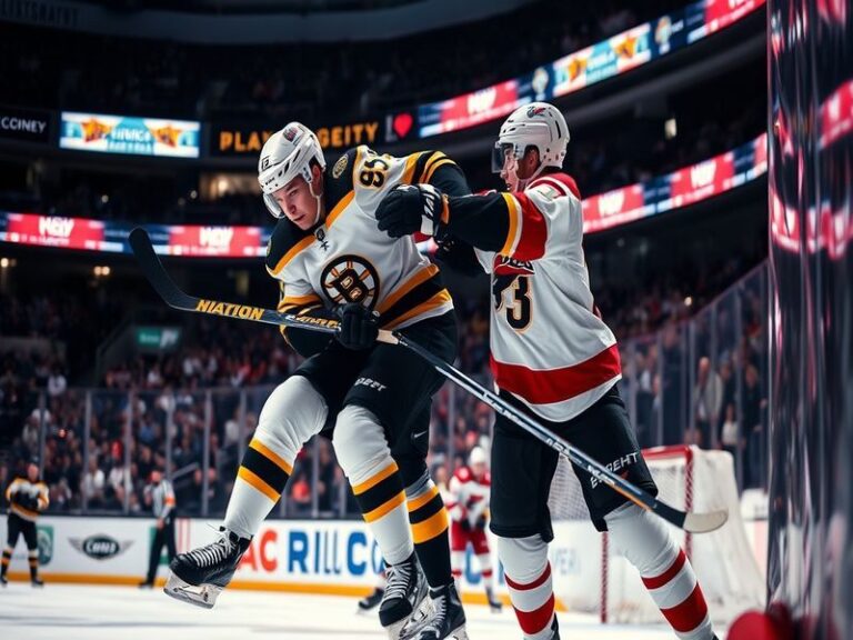 A split-image scene showing the Boston Bruins celebrating a goal on the left and the Florida Panthers defending on the right,