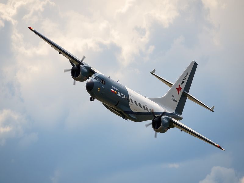 A side view of an Antonov An-26B in flight, showing its twin turboprop engines and high-wing design. The aircraft is painted