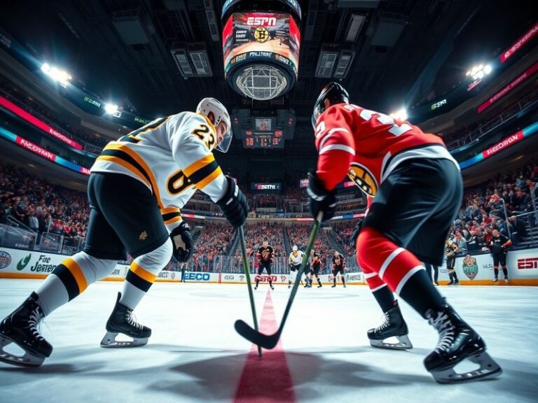 A split-screen image showing a Boston Bruins player celebrating a goal on the left and a Florida Panthers player in action on
