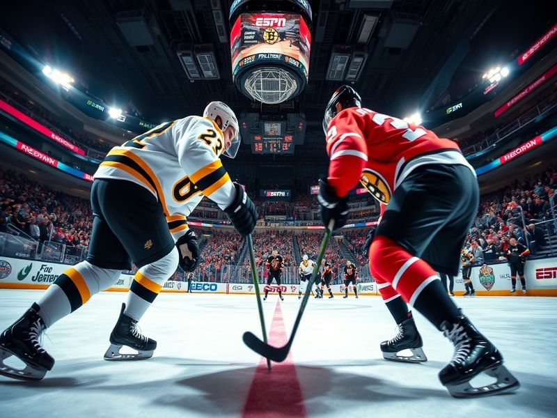 A split-screen image showing a Boston Bruins player celebrating a goal on the left and a Florida Panthers player in action on
