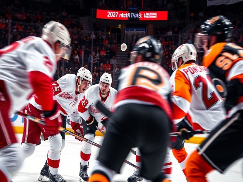 A split-screen image of a Detroit Red Wings player in red and a Philadelphia Flyers player in orange mid-game action, with a