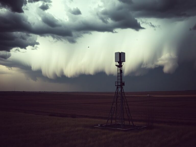 A Doppler radar dome scanning a stormy sky at dusk, with lightning illuminating dark, rotating clouds. In the foreground, a m