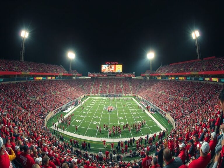 A split-court image showing New Mexico’s red uniforms in a half-court set against Tulsa’s gold in a fast break. The backgroun