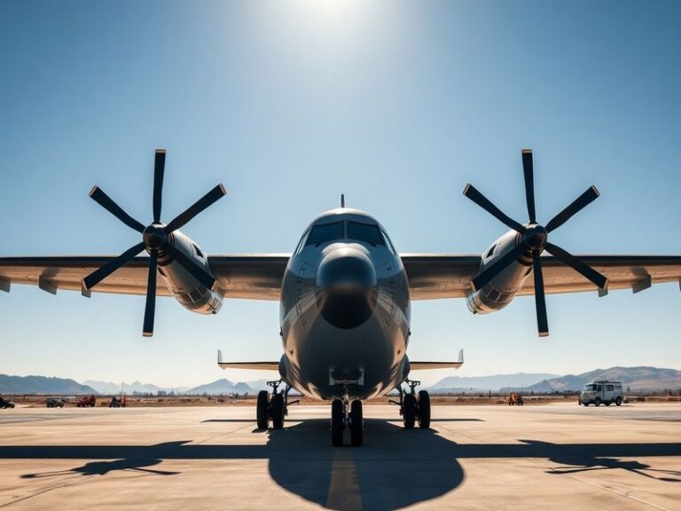 A vintage Antonov An-26B aircraft in flight, showing its high-wing design and rear cargo ramp, set against a clear blue sky.