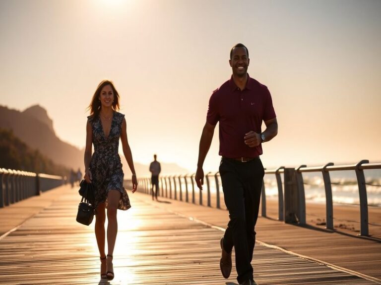 A candid photo of Tiger Woods in a casual setting, possibly at a golf event or social gathering, with a woman beside him. The