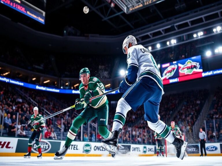 A fast-paced NHL game between the Vancouver Canucks and Minnesota Wild, featuring action near the net with players in blue an