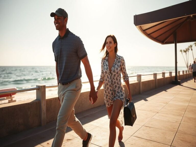 A stylish, candid photo of Tiger Woods in a relaxed setting, perhaps at a golf event or with his children, capturing a moment
